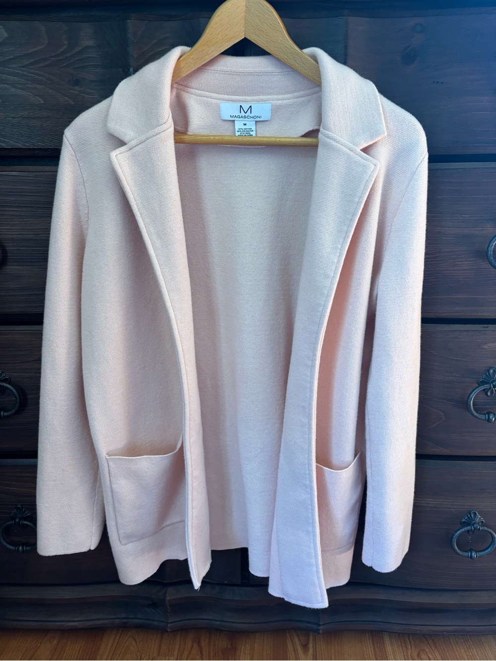 Magaschoni Open Front Knit Sweater Blazer, Baby Pink, Size M, Wool Blend